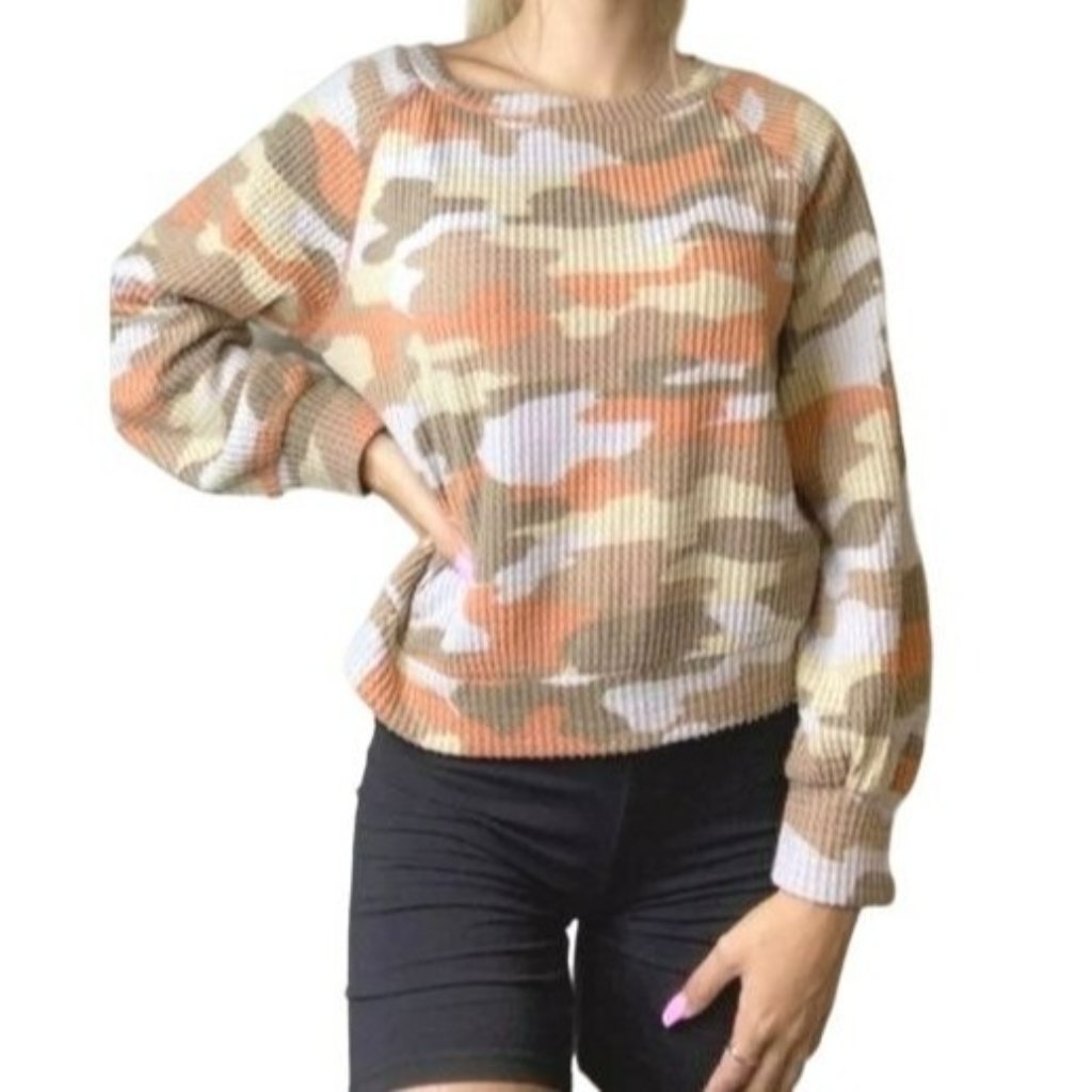 Ginger G Camouflage Waffleknit Top Rust Olive Green White Size Small Nwt